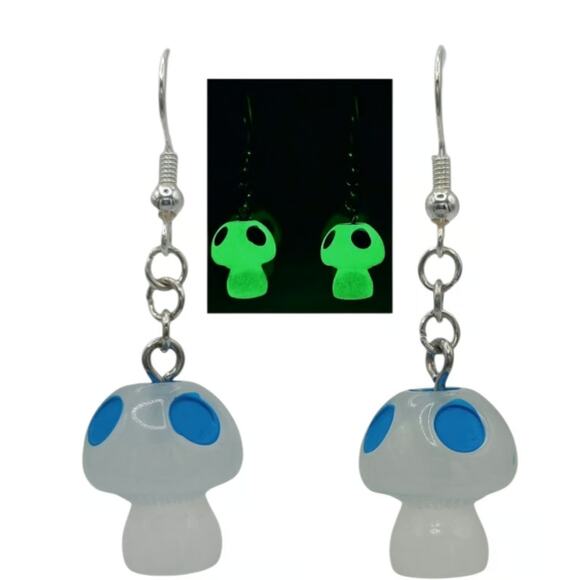 Glow in the Dark Mushroom Earrings Blue – Festival Gamer Vibes - Picture 1 of 2